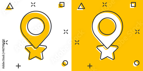 Map pin icon in comic style. GPS navigation cartoon vector illustration on white isolated background. Locate position splash effect business concept.