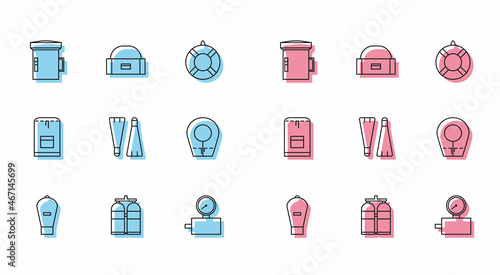 Set line Lift bag, Aqualung, Big flashlight for diver, Gauge scale, Rubber flippers swimming, Diving hood, Backpack and Case box container wobbler icon. Vector