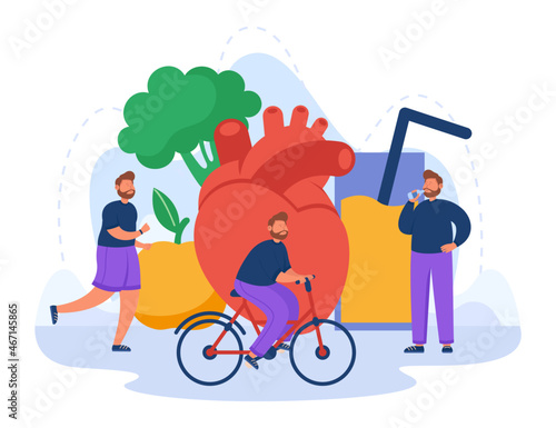 Man drinking water, riding bicycle, jogging on healthy food and giant heart background. Tiny person doing sport and eating diet food flat vector illustration. Health and life care, lifestyle concept