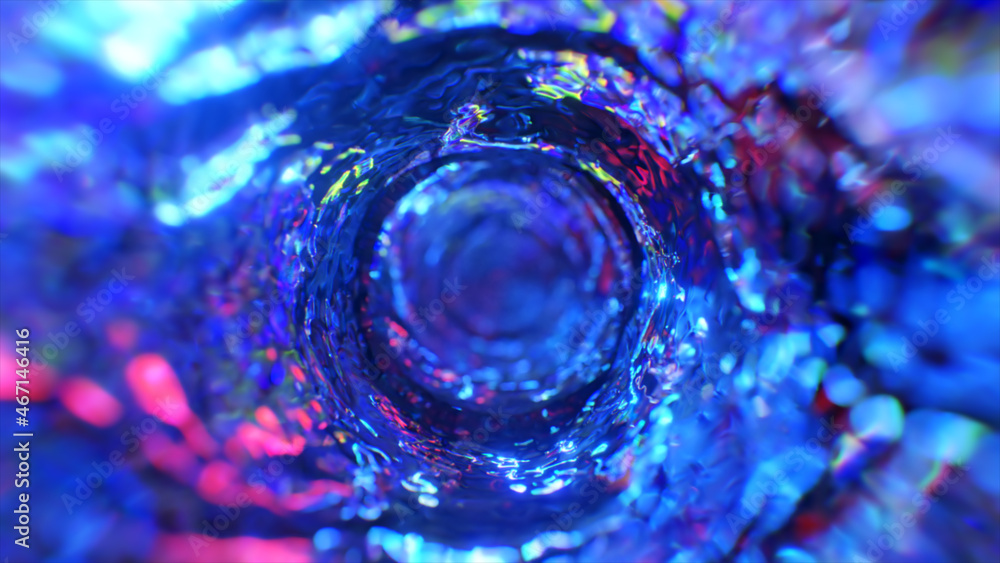 Naklejka premium Swirling water funnel in neon lighting. Round water tunnel. Blue color. 3d illustration