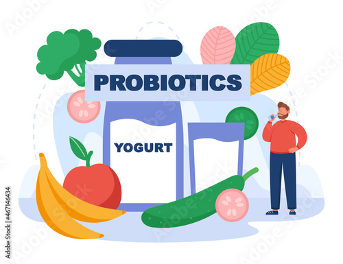 Tiny man drinking yogurt flat vector illustration. Vegetables, fruits, yogurt bottle and glass on background. Probiotics, healthy food and drink, diet culture, guts health, lifestyle concept