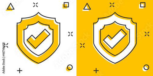 Shield with check mark icon in comic style. Protect cartoon vector illustration on white isolated background. Checkmark guard splash effect business concept.