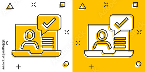 People with laptop computer icon in comic style. Pc user check mark cartoon vector illustration on white isolated background. Office manager splash effect business concept.
