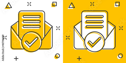 Envelope with confirmed document icon in comic style. Verify cartoon vector illustration on white isolated background. Receive splash effect business concept.