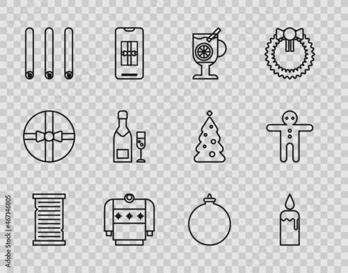 Set line Christmas wish list template, Mulled wine with glass of drink, sweater, Three rolled sticks cinnamon, Champagne bottle champagne, ball and Holiday gingerbread man cookie icon. Vector