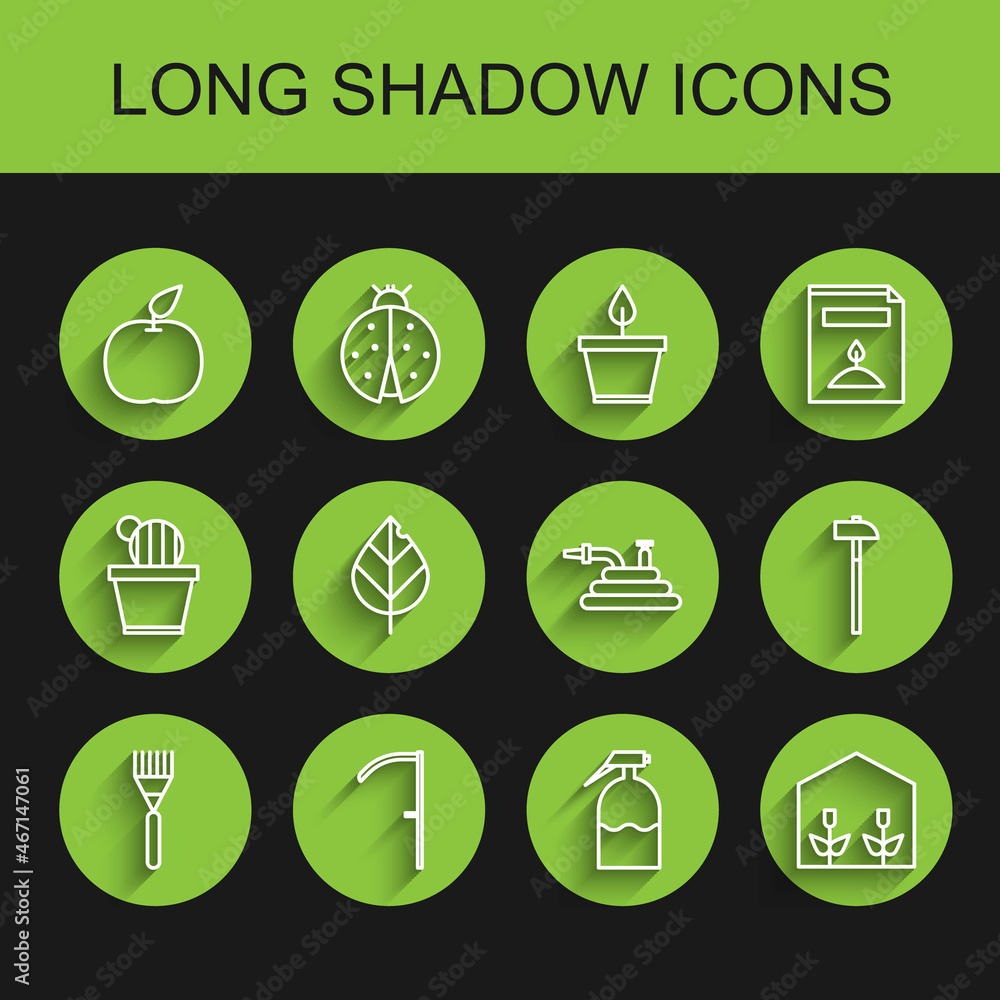 Set line Garden rake, Scythe, Apple, sprayer, Home greenhouse and plants, Leaf, Hammer and hose or fire hose icon. Vector Set line Garden rake, Scythe, Apple, sprayer, Home greenhouse and plants, Leaf, Hammer and hose or fire hose icon. Vector