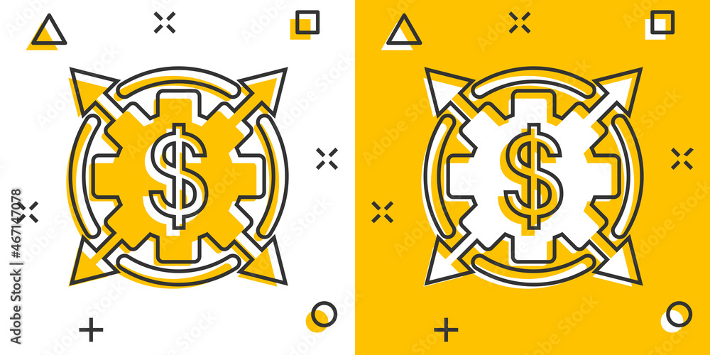 Fototapeta premium Money revenue icon in comic style. Dollar coin cartoon vector illustration on white isolated background. Finance structure splash effect business concept.