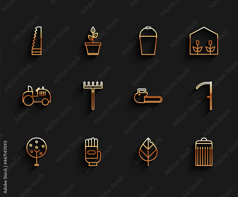 Set line Tree, Garden gloves, saw, Leaf, Trash can, rake, Scythe and Chainsaw icon. Vector Set line Tree, Garden gloves, saw, Leaf, Trash can, rake, Scythe and Chainsaw icon. Vector