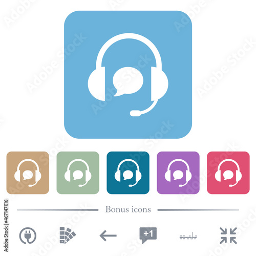Call center with chat bubble solid flat icons on color rounded square backgrounds