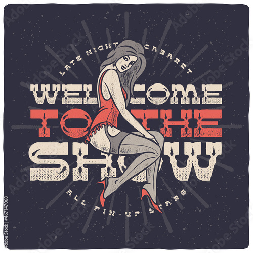 Vintage lettering poster with vector woman pin-up illustration