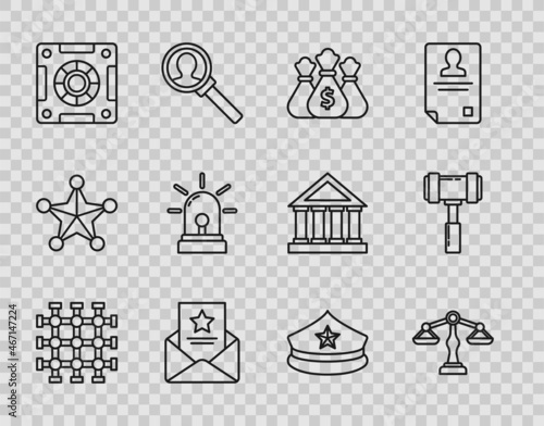 Set line Prison window, Scales of justice, Money bag, The arrest warrant, Safe, Flasher siren, Police cap with cockade and Judge gavel icon. Vector