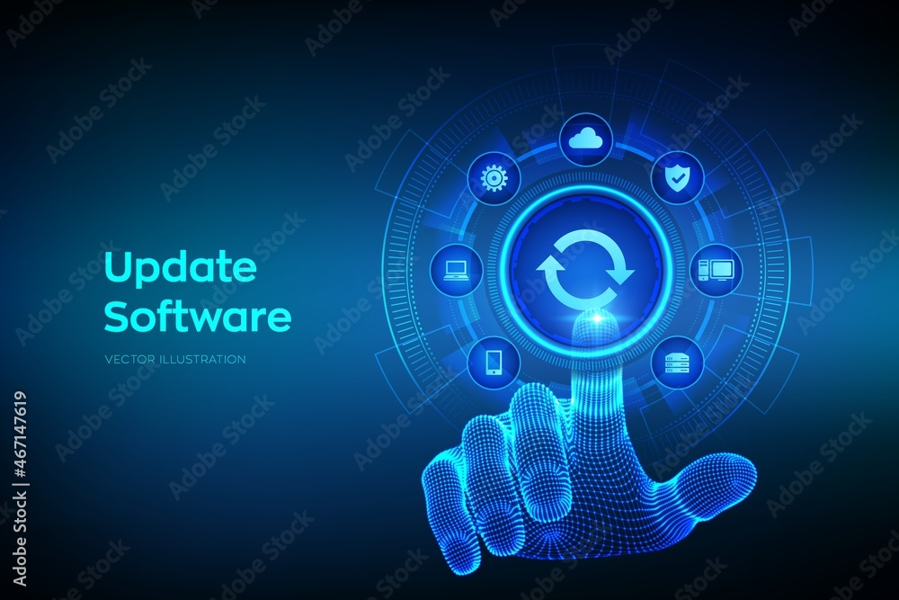 Update Software. Upgrade Software version concept on virtual screen. Computer program upgrade business technology internet concept. Wireframe hand touching digital interface. Vector illustration. Update Software. Upgrade Software version concept on virtual screen. Computer program upgrade business technology internet concept. Wireframe hand touching digital interface. Vector illustration.