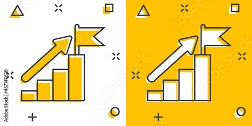 Stair with finish flag icon in comic style. Leadership challenge cartoon vector illustration on white background. Career growth splash effect business concept.