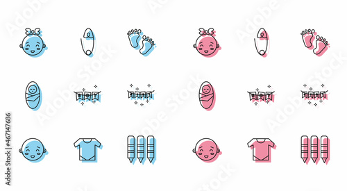 Set line Happy little boy head, Baby onesie, girl, Wax crayons for drawing, Carnival garland with flags, Newborn baby infant swaddled and Classic steel safety pin icon. Vector