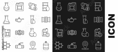Set line Propane gas tank, Canister for motor machine oil, Industry metallic pipes and valve, Oil exchange, water transfer, convert, Test tube flask, and petrol test icon. Vector
