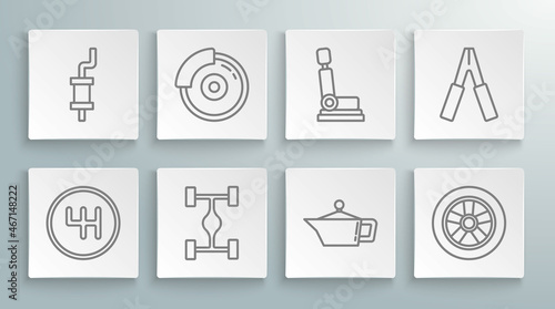 Set line Gear shifter, Car brake disk with caliper, Chassis car, Canister for motor machine oil, wheel, seat, battery jumper power cable and muffler icon. Vector