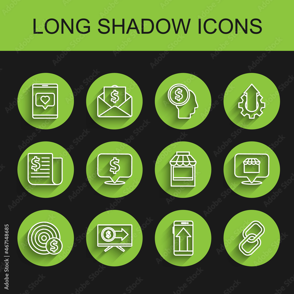 Set line Target with dollar symbol, Monitor, Mobile phone and like heart, Smartphone, mobile, Chain link, Speech bubble, Online shopping concept and Shopping building market store icon. Vector Set line Target with dollar symbol, Monitor, Mobile phone and like heart, Smartphone, mobile, Chain link, Speech bubble, Online shopping concept and Shopping building market store icon. Vector