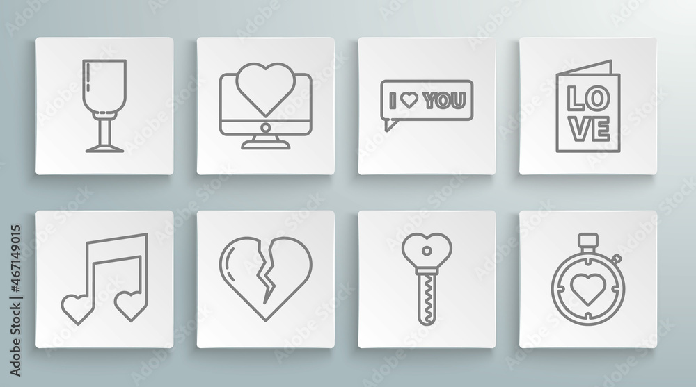 Set line Music note, tone with hearts, Computer monitor, Broken divorce, Key in shape, Heart the center stopwatch, Speech bubble I love you, Valentines day party flyer and Wine glass icon. Vector Set line Music note, tone with hearts, Computer monitor, Broken divorce, Key in shape, Heart the center stopwatch, Speech bubble I love you, Valentines day party flyer and Wine glass icon. Vector