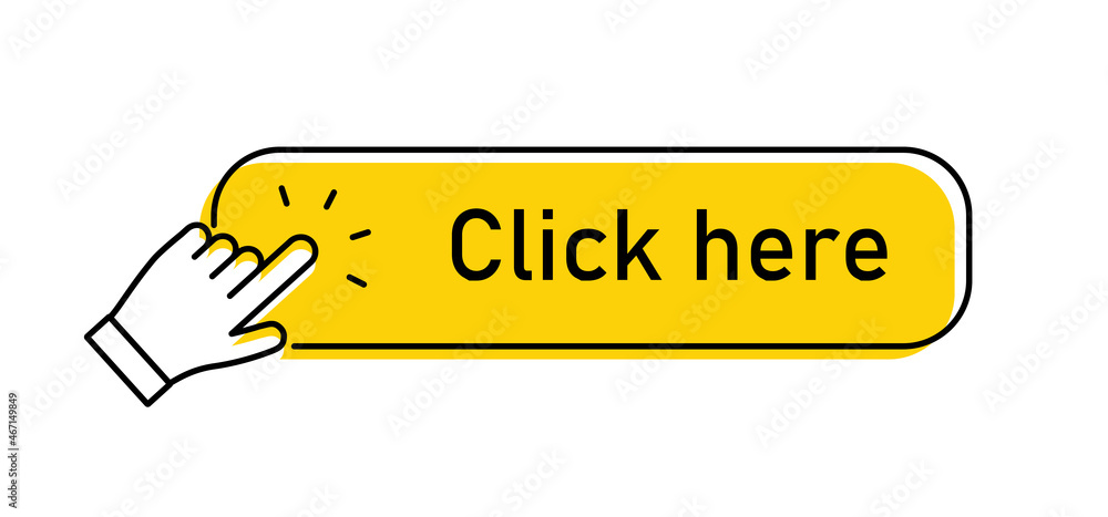 Click here button with linear hand clicking icon. Pointer call to action. Click here button with linear hand clicking icon. Pointer call to action.