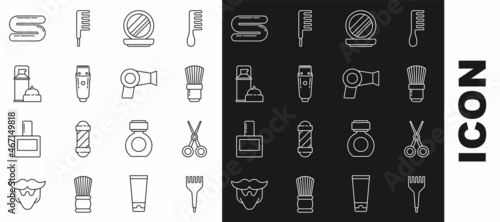 Set line Hairbrush, Scissors hairdresser, Shaving, Makeup powder with mirror, Electrical clipper shaver, gel foam, Towel and dryer icon. Vector