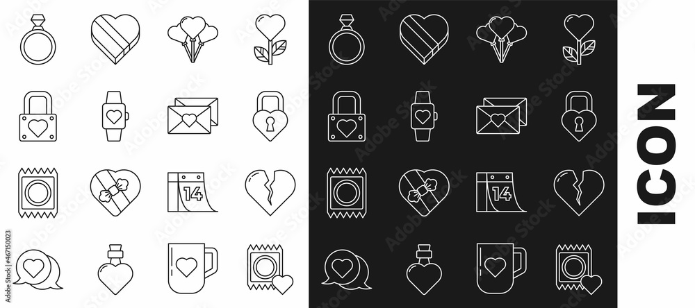 Set line Condom in package, Broken heart or divorce, Castle the shape of, Balloons form, Heart center wrist watch, Lock and, Diamond engagement ring and Envelope with Valentine icon. Vector