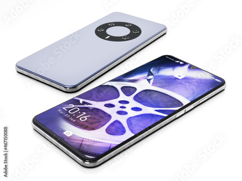 Generic smartphone with fictitious screen interface and camera design isolated on white background. 3D illustration