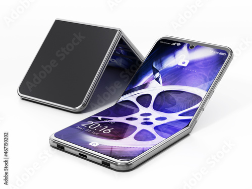 Generic foldable smartphone with fictitious screen interface isolated on white background. 3D illustration