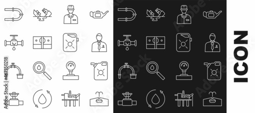 Set line Oilfield, Canister for motor oil, Businessman stock market trader, Oilman, Stacks paper money cash, Broken pipe with leaking water, Industry and icon. Vector