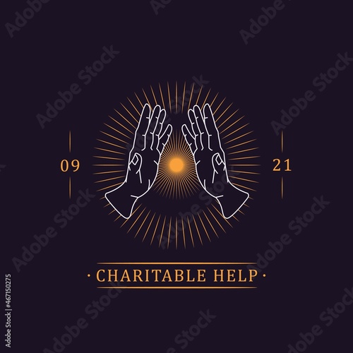 Charity foundation logo with help hands and sun, symbol of hope. Logotype design of philanthropy fund, humanitarian aid and support organization, volunteer community. Flat vector illustration