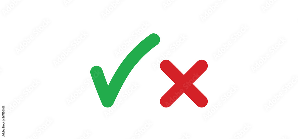 Cross and check mark icons, vector buttons. Checkmark tick and x. Cross and check mark icons, vector buttons. Checkmark tick and x.