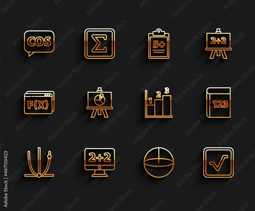 Set line Ringing bell, Graph, schedule, chart, diagram, Tablet with calculator, Calculator, Open book, XYZ Coordinate system, Test exam sheet and and icon. Vector Set line Ringing bell, Graph, schedule, chart, diagram, Tablet with calculator, Calculator, Open book, XYZ Coordinate system, Test exam sheet and and icon. Vector