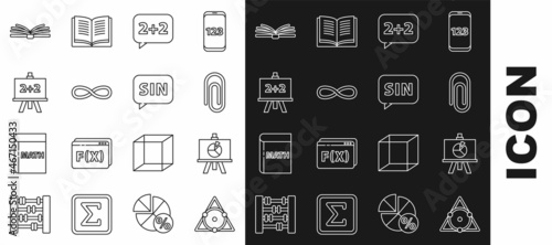 Set line Chalkboard, Book with word mathematics, Graph, schedule, chart, diagram, Function mathematical symbol, Calculator, Mobile calculator interface and Human brain icon. Vector