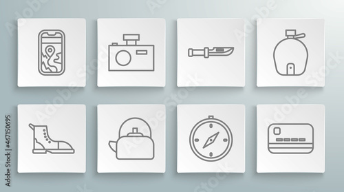 Set line Hiking boot, Photo camera, Kettle with handle, Compass, Credit card, Camping knife, Canteen water bottle and City map navigation icon. Vector