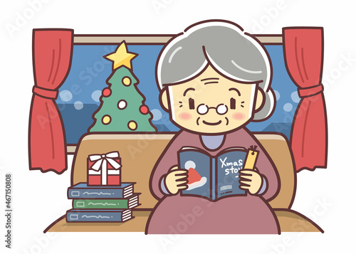 読書をするおばあさんのイラスト（クリスマスの夜）
