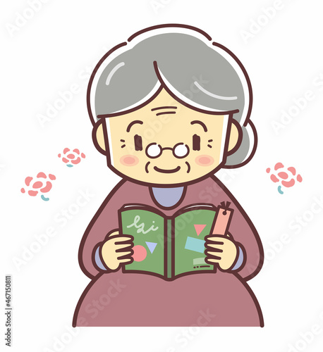 読書をするおばあさんのイラスト（本を読む）