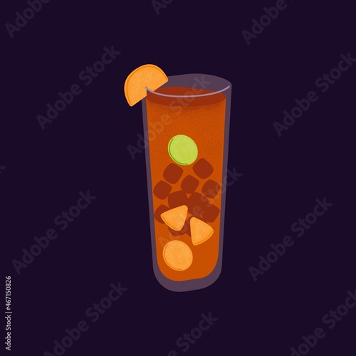 Cuba Libre, rum and coke cocktail in glass. Alcohol drink with ice, lime and orange fruit piece for decor. Cold summer refreshing highball beverage with cola and whiskey. Flat vector illustration