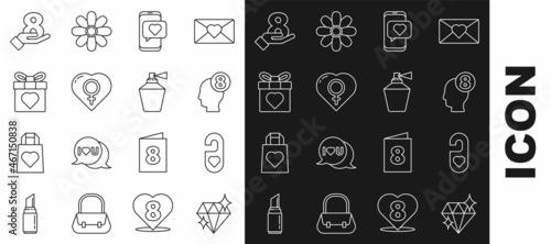 Set line Diamond, Please do not disturb with heart, 8 March in human head, Online dating app and chat, Female gender, Gift box, hand and Perfume icon. Vector