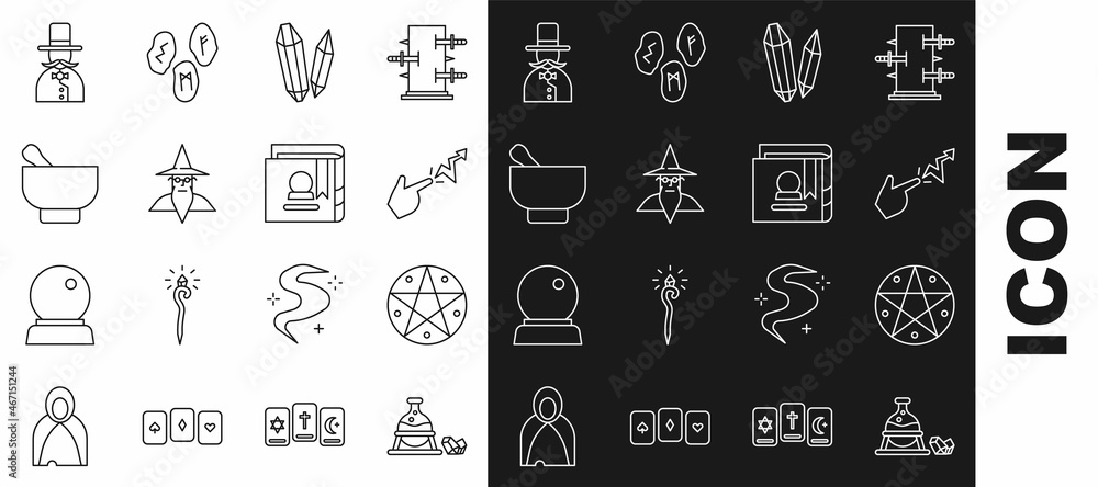 Set line Witch cauldron and magic stone, Pentagram in circle, Spell, Magic, Wizard warlock, mortar pestle, Magician and Ancient book icon. Vector