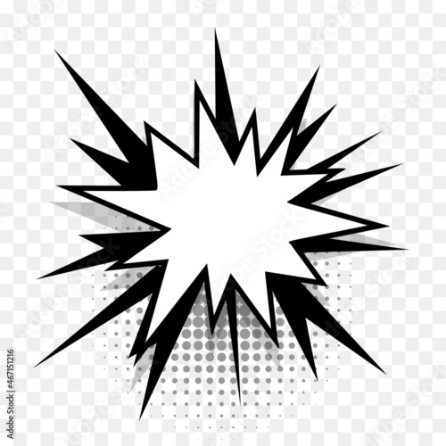 Comics speech bubble for text pop art design. White empty dialog cloud for text message halftone shadow. Comics sketch explosion star splash comic book text. Wow effect cartoon vector elements