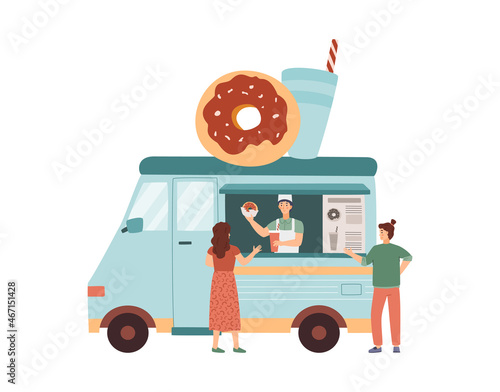 Merchant sells donut and soda drink from doughnut food truck, side view. Woman buys bakery and soft beverage at food van
