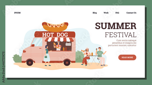 Hot dog food truck at the Summer Festival event horizontal banner. Female cook sell hot sausages van to young hipsters.