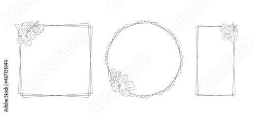 Decorative linear frames with flowers (Chitalpa tashkentensis) on a white background. Set of simple elegant frames for your design. Vector line art illustration.