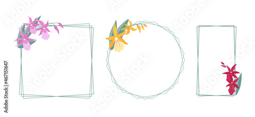 Frames with sprigs of orchids (Degarmoara) on a white background. A set of three simple elegant frames for your design. Flat cartoon vector illustration.