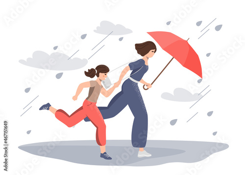 Mom and daughter are running fast under an umbrella against the backdrop of heavy rain and wind. Weather forecast, elements, natural phenomena, autumn, storm, hurricane, floods, evacuation. Vector.
