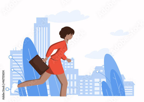 A girl in a business suit with a briefcase runs quickly against the background of the city. Business woman, student. Hurry up for relevant classes, hot vacancies, timely payment of taxes. Flat vector.