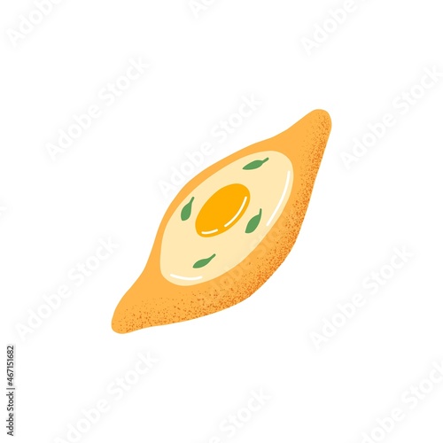 Adjarian khachapuri, Georgian dish with dough filled with cheese and egg. Traditional ajarian hachapuri with crust and yolk of Caucasian cuisine. Flat vector illustration isolated on white background