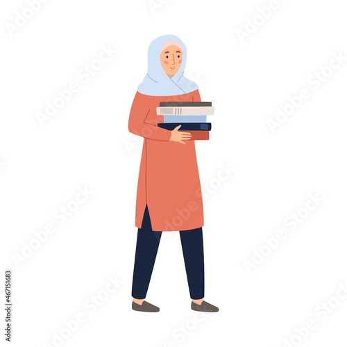 Muslim woman wearing hijab walk with pile of books for study. Arabic saudi student education character