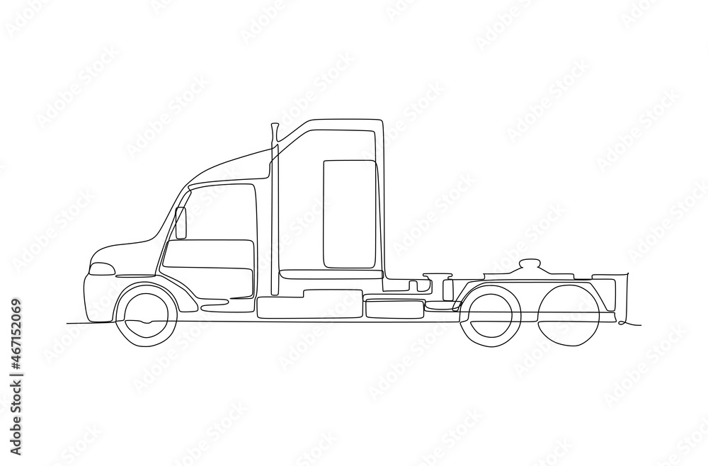 Hooded container truck head simple illustration, side view. Continuous one line drawing