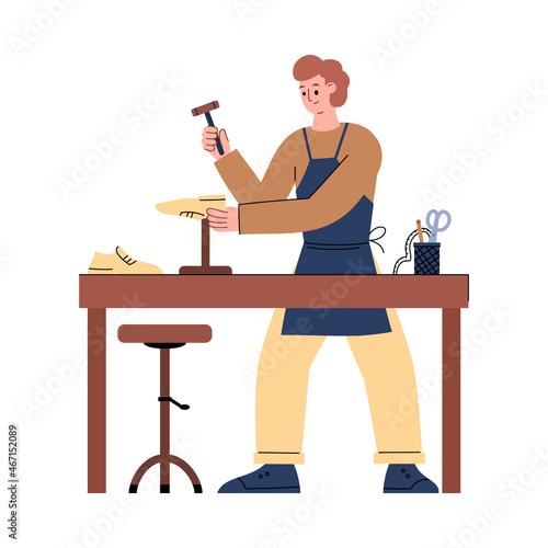 Cobbler or shoemaker manufacturing shoes with hammer, flat vector illustration isolated on white background.