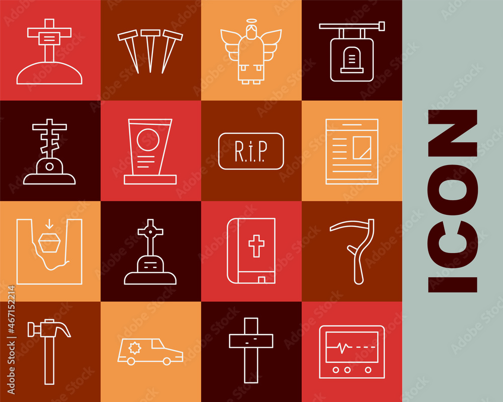 Set line Beat dead in monitor, Scythe, Obituaries, Christmas angel, Grave with tombstone, cross, and Speech bubble rip death icon. Vector Set line Beat dead in monitor, Scythe, Obituaries, Christmas angel, Grave with tombstone, cross, and Speech bubble rip death icon. Vector